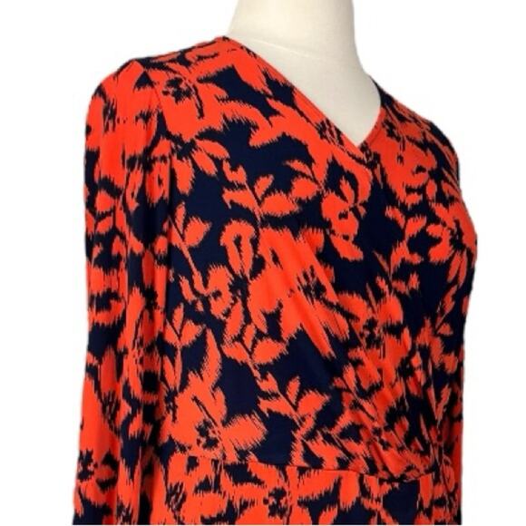 London Times Dress Faux Wrap V-neck Flare Sleeve Orange Blue Women’s Size 16W - Picture 8 of 13